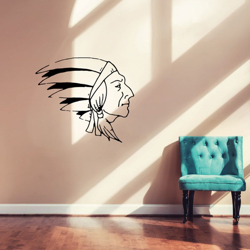 Native American headdress wall decal, black feathered profile outline