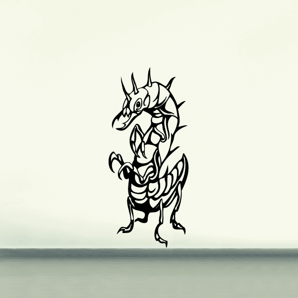 Spiky centipede standing decal, black cartoon line art with segmented legs