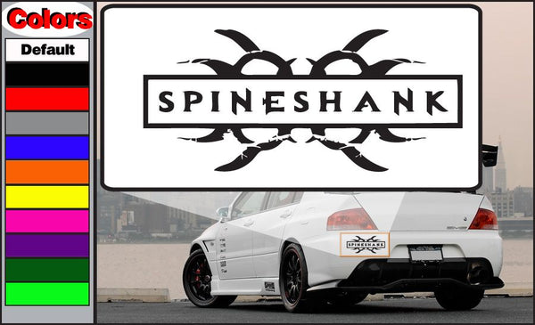 Car license plate decal with SPINESHANK text and black wing graphics