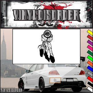 Dream catcher decal with black spiral center and hanging feather design on white
