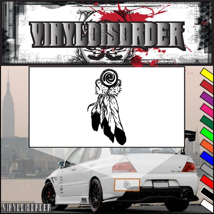 Dream catcher decal with black spiral center and hanging feather design on white