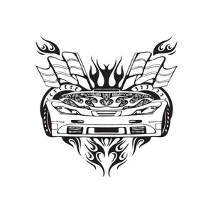 Sports car front decal with flames and swirling flame trim
