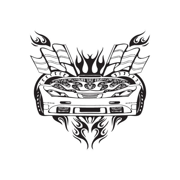 Sports car front decal with flames and swirling flame trim
