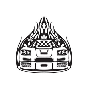 Black and white sports car front decal with flame graphic above grille