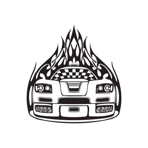 Black and white sports car front decal with flame graphic above grille