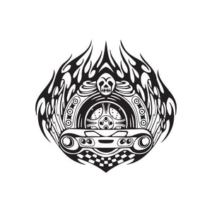 Sports car rear end flame decal with skull and engine graphic in black and white