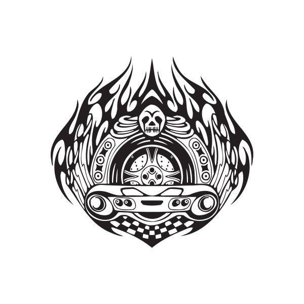 Sports car rear end flame decal with skull and engine graphic in black and white