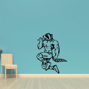 Sports mascot wall decal vinyl of a teal and black cartoon player holding a ball