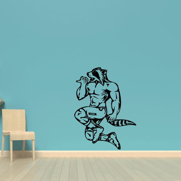 Sports mascot wall decal vinyl of a teal and black cartoon player holding a ball