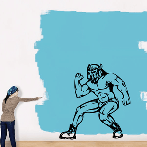 Sports mascot wall decal: muscular player silhouette with raised hand, black outline and blue fill