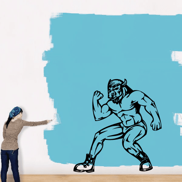 Sports mascot wall decal: muscular player silhouette with raised hand, black outline and blue fill