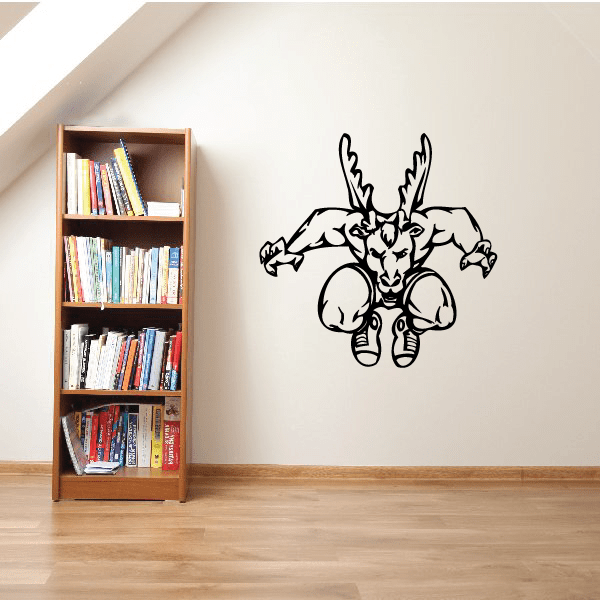 Sports mascot wall decal of a black antlered animal character, vinyl outline