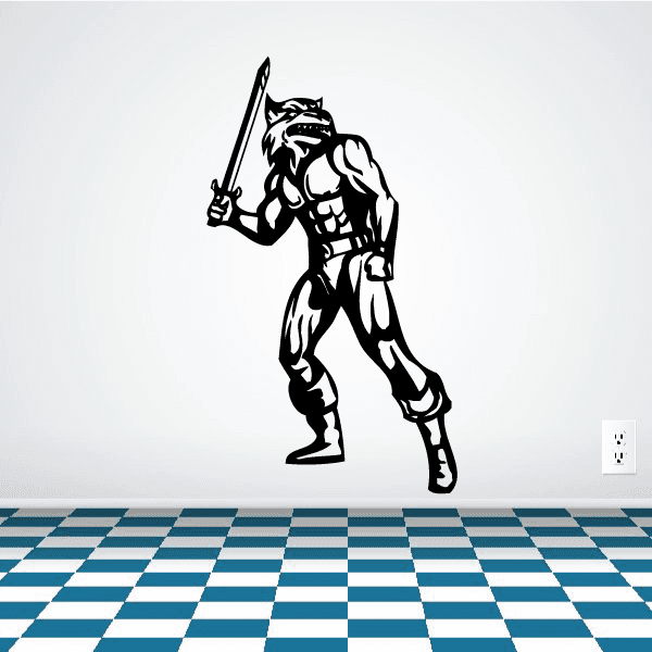 Black sports mascot wall decal holding sword, full-body