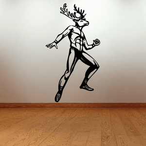 Black sports mascot wall decal with antlers, running pose, vinyl sticker