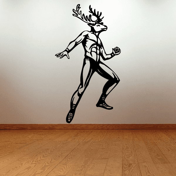 Black sports mascot wall decal with antlers, running pose, vinyl sticker