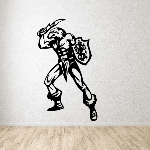 Black sports mascot wall decal of stylized roaring animal player with helmet and horns