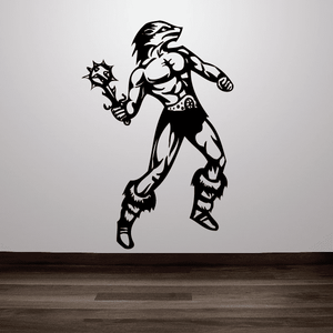 Sports mascot wall decal vinyl sticker, black silhouette with raised arm and spiky ball.