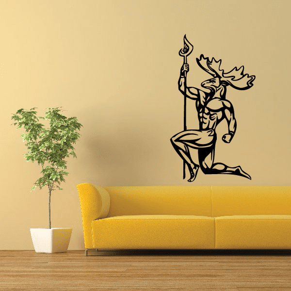Sports mascot wall decal with flaming torch and shield, black vinyl silhouette