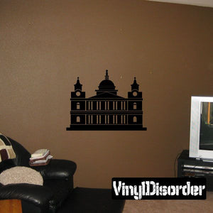 St. Paul's Cathedral decal, black silhouette of church facade with central dome and towers