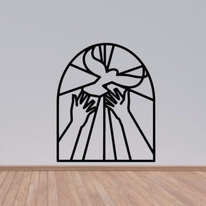 Stained glass style dove decal with arched frame, black outlines and gray stained-glass panes.