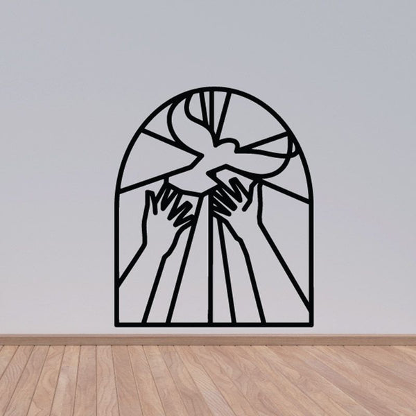 Stained glass style dove decal with arched frame, black outlines and gray stained-glass panes.