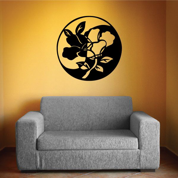 Circular floral stained-glass wall decal with black leaves and blossoms