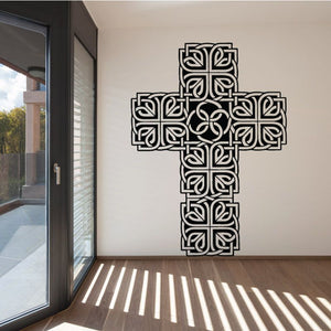 Celtic cross decal with black knotwork pattern, outlined on white background