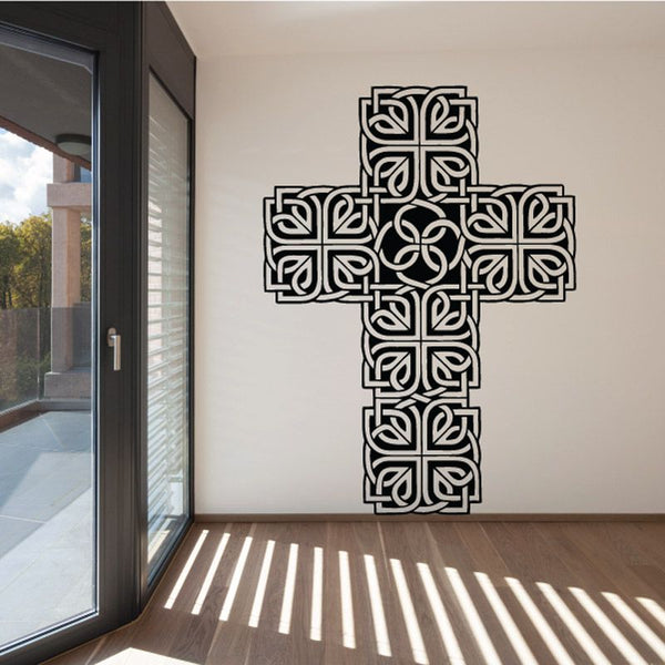 Celtic cross decal with black knotwork pattern, outlined on white background