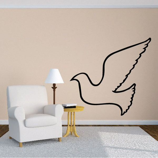 Black dove wall decal with outlined wings and curved beak.