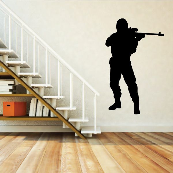 Standing sniper aiming decal with black silhouette and rifle