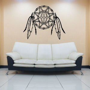 Black dream catcher wall decal with feather accents, circular web design