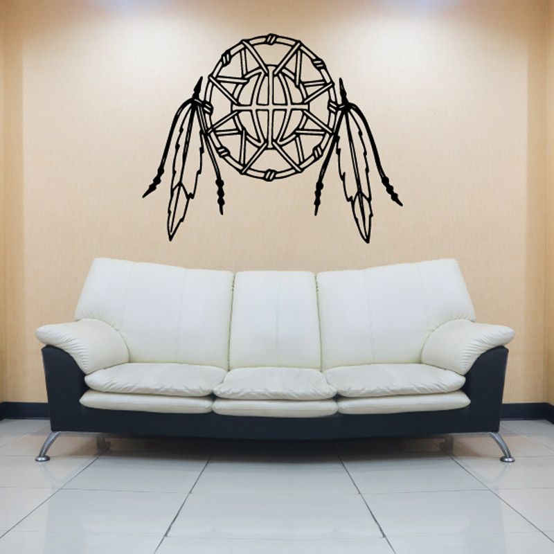 Black dream catcher wall decal with feather accents, circular web design
