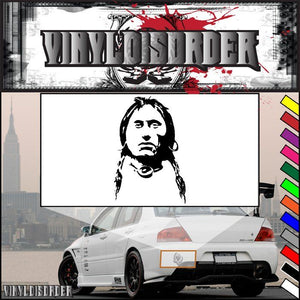 Rectangular vinyl decal with Native American portrait and stylized dark text, red accents
