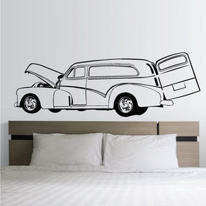 Classic white station wagon wall decal illustration with open rear door