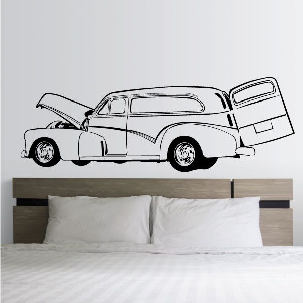 Classic white station wagon wall decal illustration with open rear door