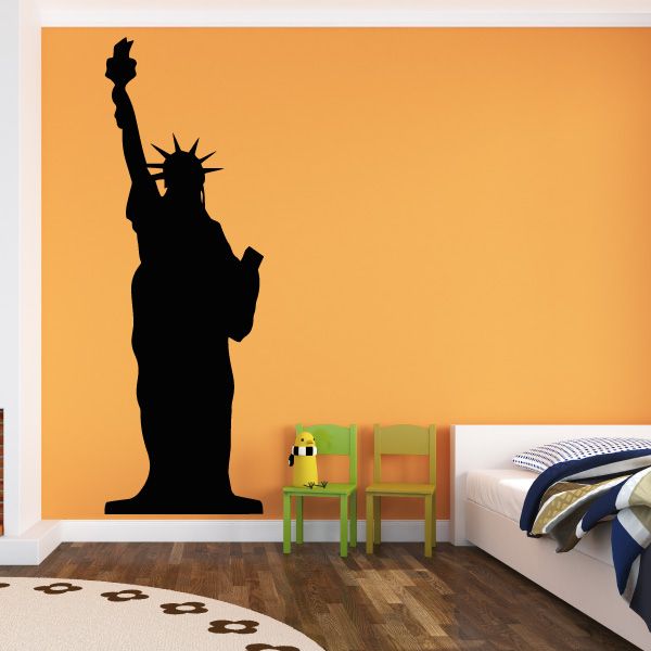 Statue of Liberty silhouette wall decal in black, full-length figure with raised torch