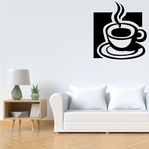 Steamy coffee cup wall decal with steaming mug icon on black square