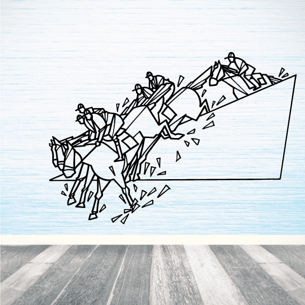Steeplechase wall decal with black line-art horse and rider jumping a hurdle