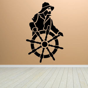 Steering sailor wall decal vinyl, black silhouette with ship wheel