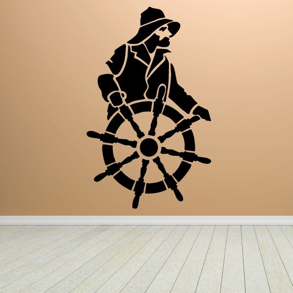 Steering sailor wall decal vinyl, black silhouette with ship wheel