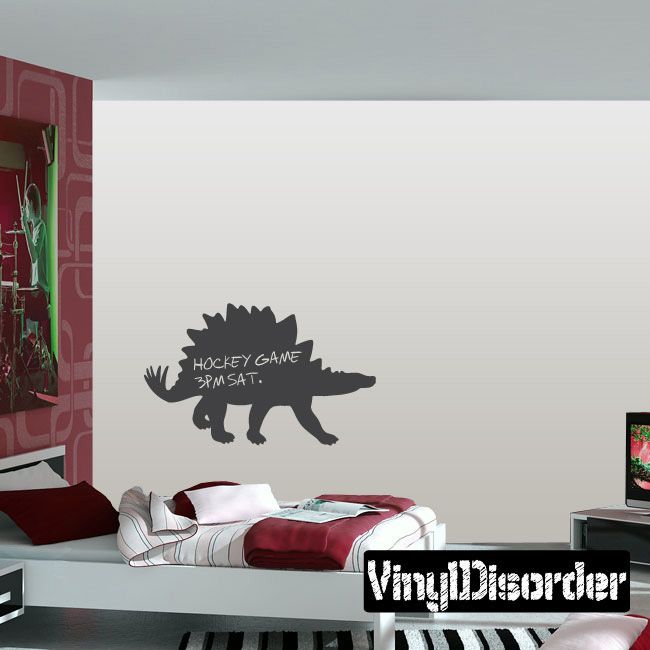Stegosaurus chalkboard decal with dark dinosaur silhouette and white text