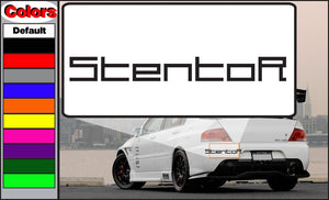 Stentor decal with bold black logo on white rectangular background