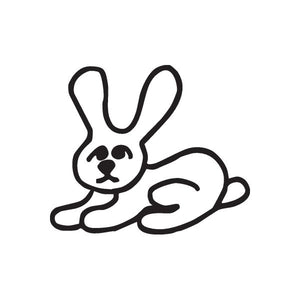 Stickfigure bunny sitting left decal, black line art outline