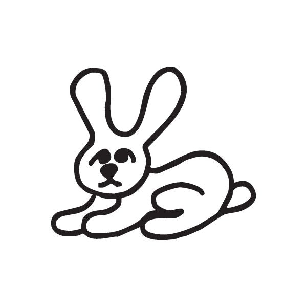 Stickfigure bunny sitting left decal, black line art outline