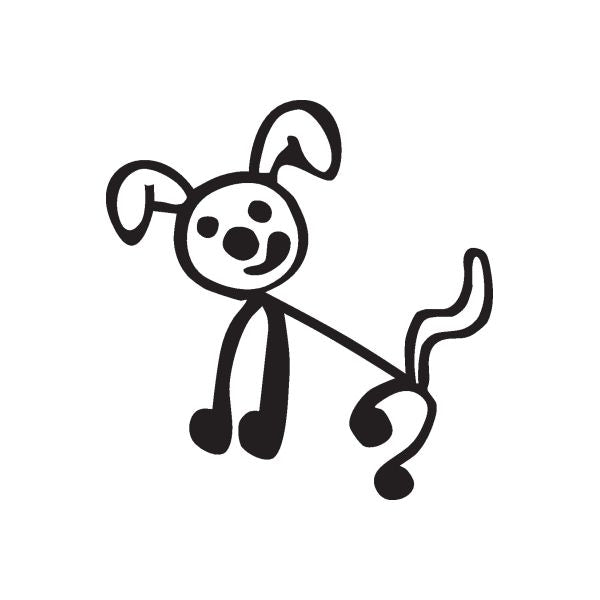 Black stick-figure dog decal with curly ears, rounded nose and paws.