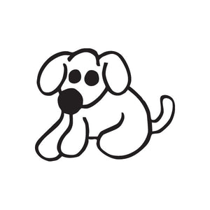 Stickfigure dog with ball decal, black and white outline
