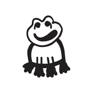 Stickfigure frog decal, black outline cartoon frog with smile and body dots