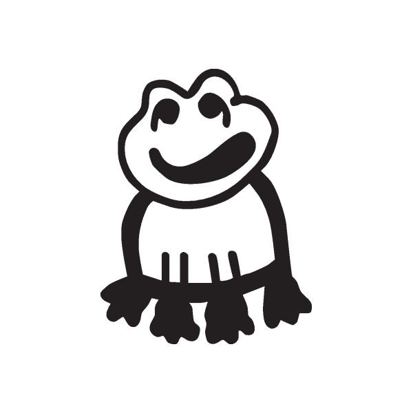 Stickfigure frog decal, black outline cartoon frog with smile and body dots