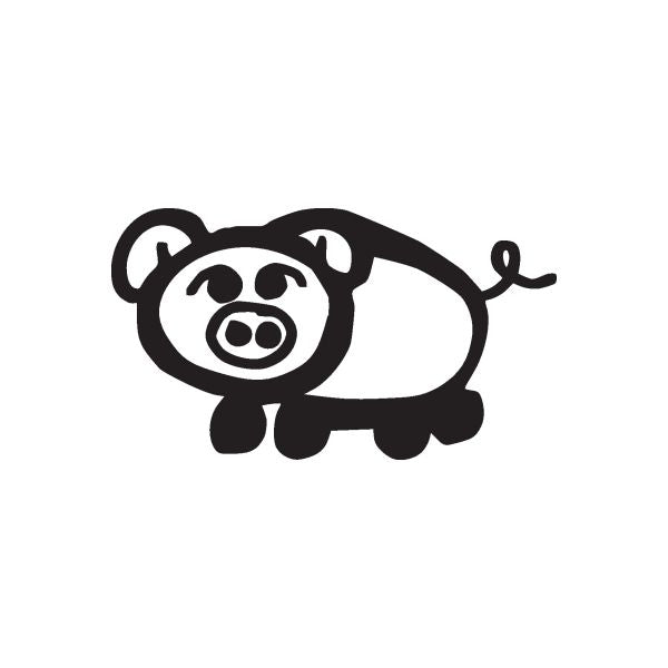 Black pig stickfigure decal, rounded ears and curly tail