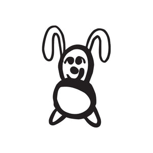 Rabbit stick-figure wall decal with long ears and curled legs, black outline.